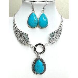 Necklace Earrings Set Blue Turquoise Silver Jewelry Set AU22